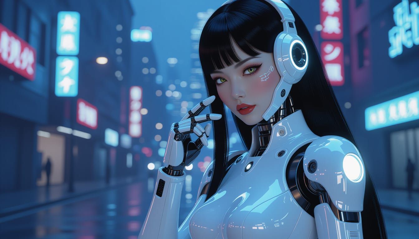 Glamour Gynoid in Cyberpunk Cityscape