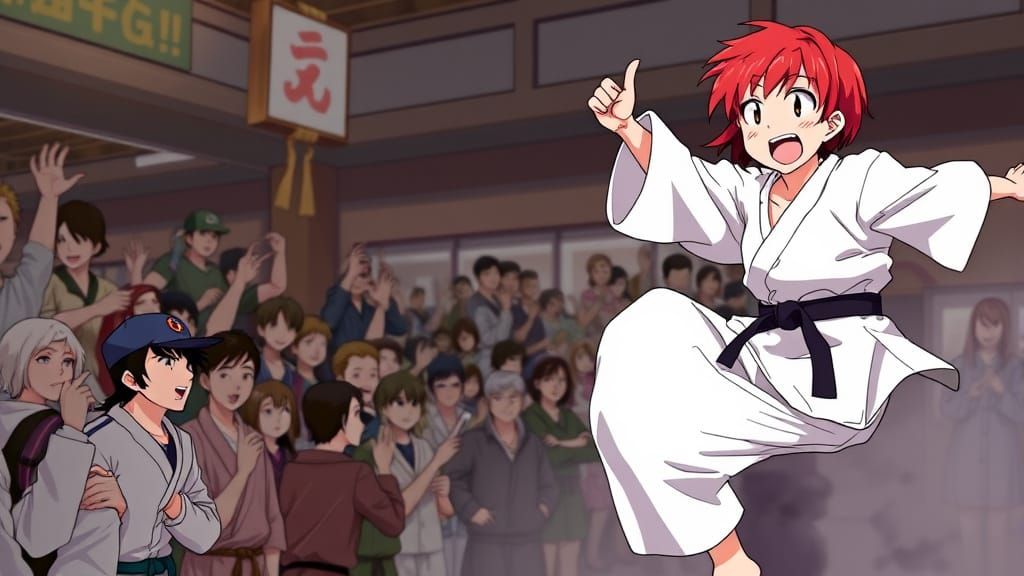 Anime Girl Jumps in Cheering Crowd