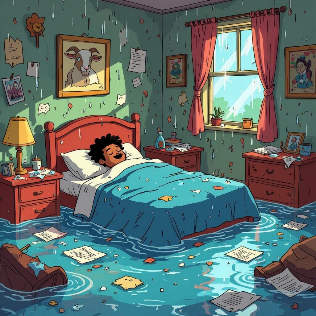 Tunde's Bedroom Chaos: Goat Incident Cartoon Art