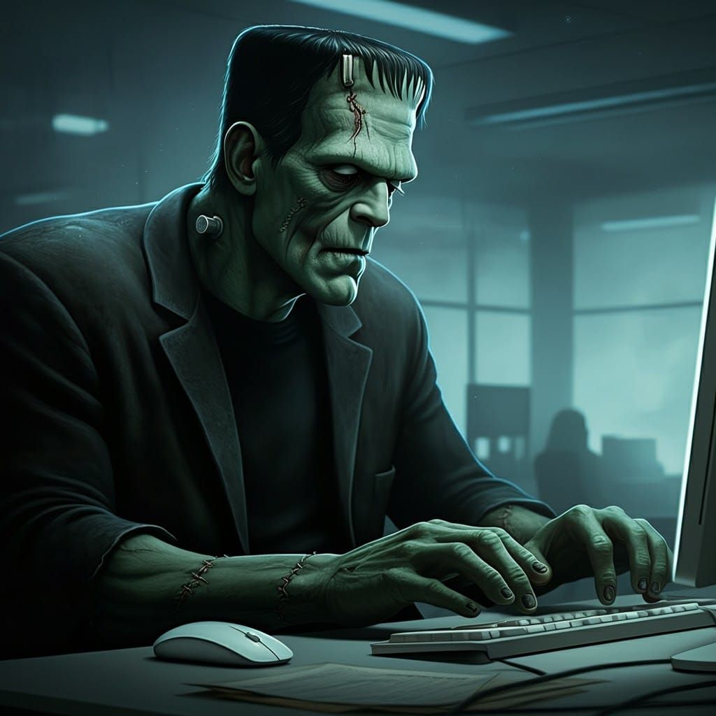 Frankenstein's Monster in Office: Hyper-Realistic Portrait