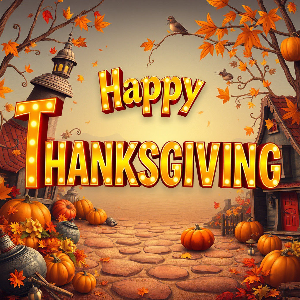 Whimsical Autumn Thanksgiving Scene in Vibrant 3D Letters