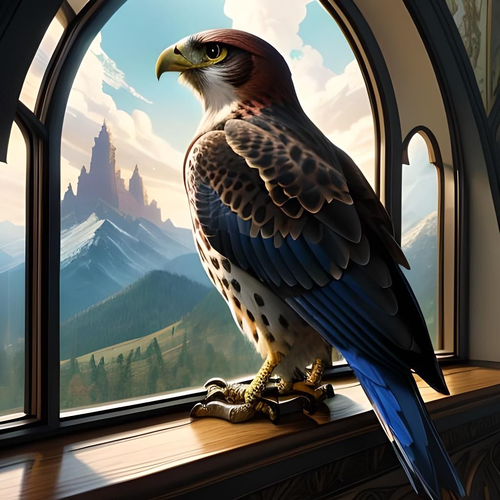 Colorful Falcon at Baroque Window