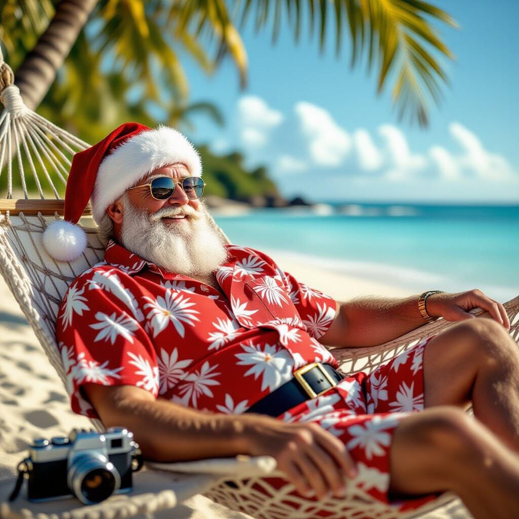 Santa Claus Relaxing on Tropical Beach in Golden Hour