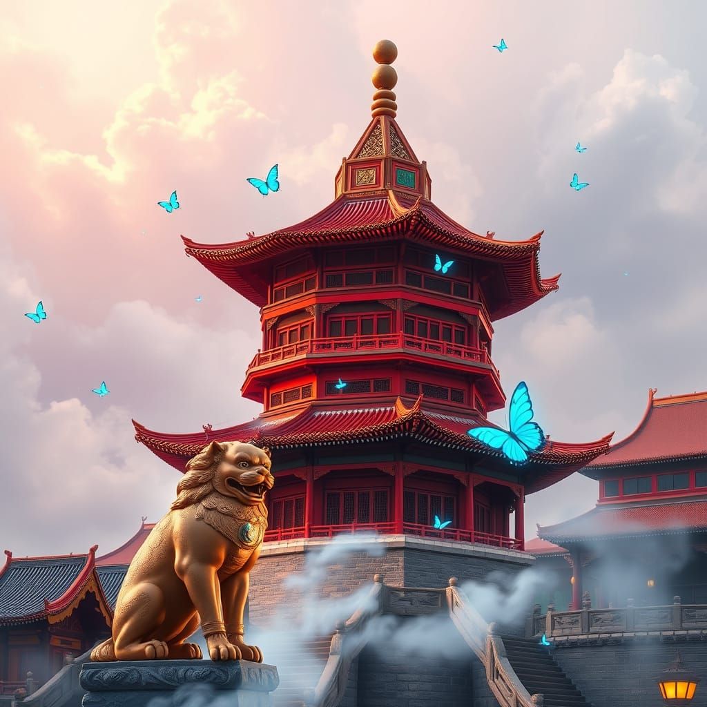 Majestic Red Pagoda in Forbidden City with Fu Dog