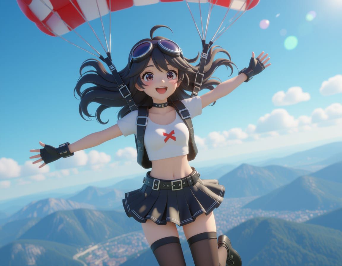 Anime Girl Skydiving in Photorealistic 3D Style