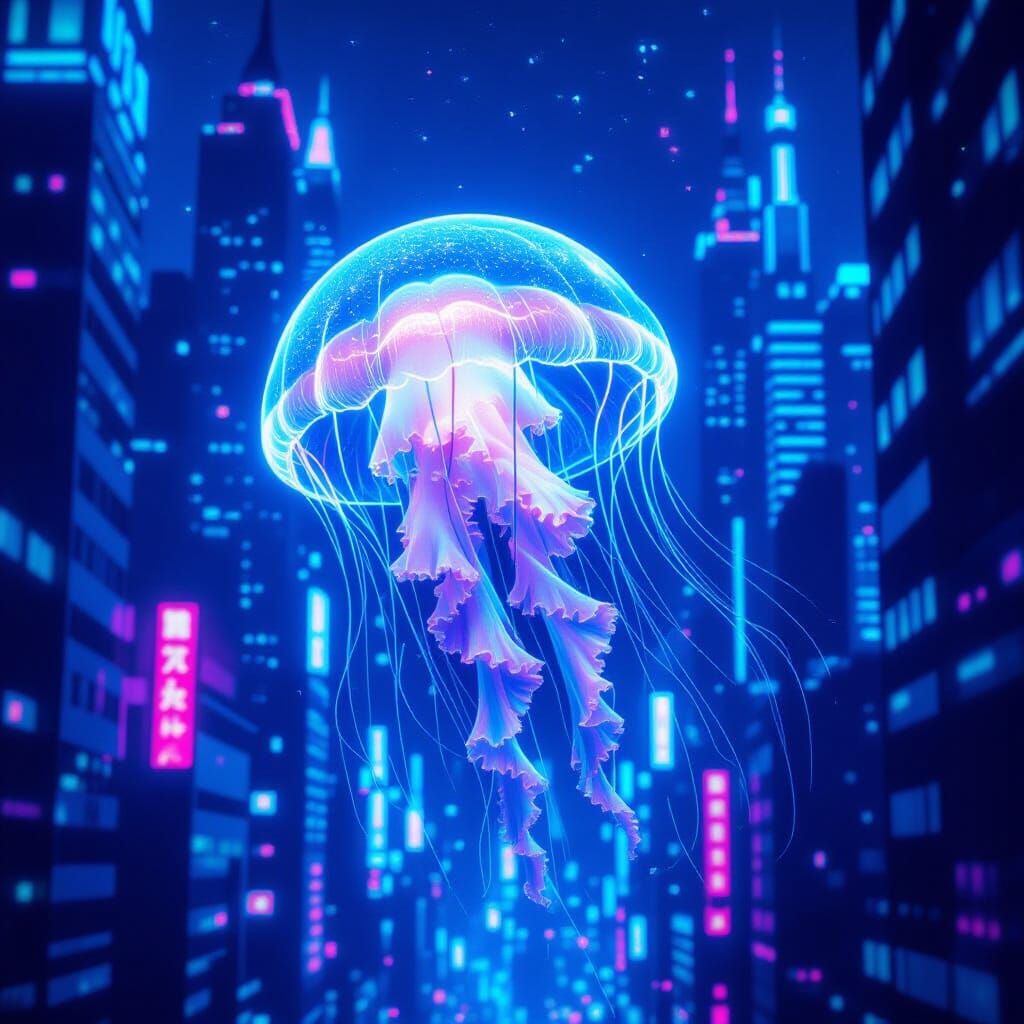 Bioluminescent Jellyfish in Neon Cityscape