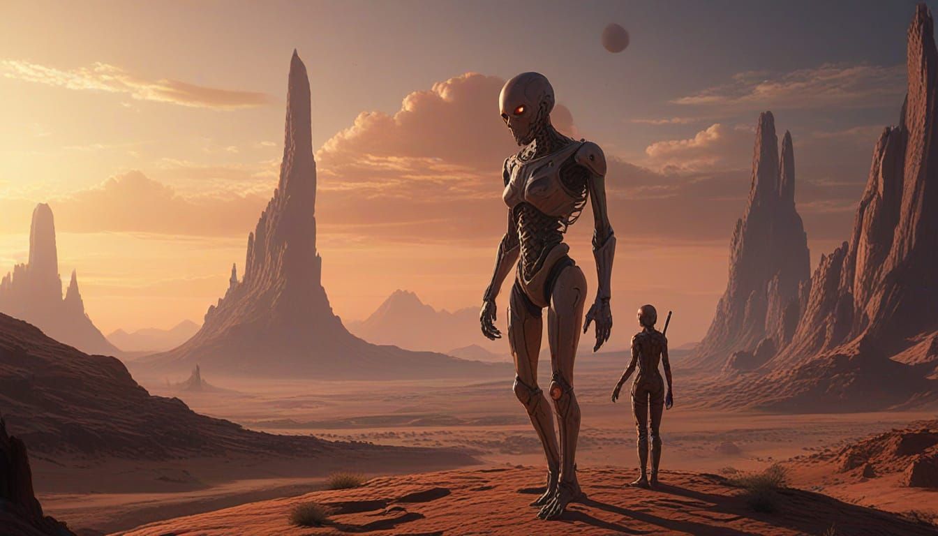 Tall Martian Figures on Alien Landscape