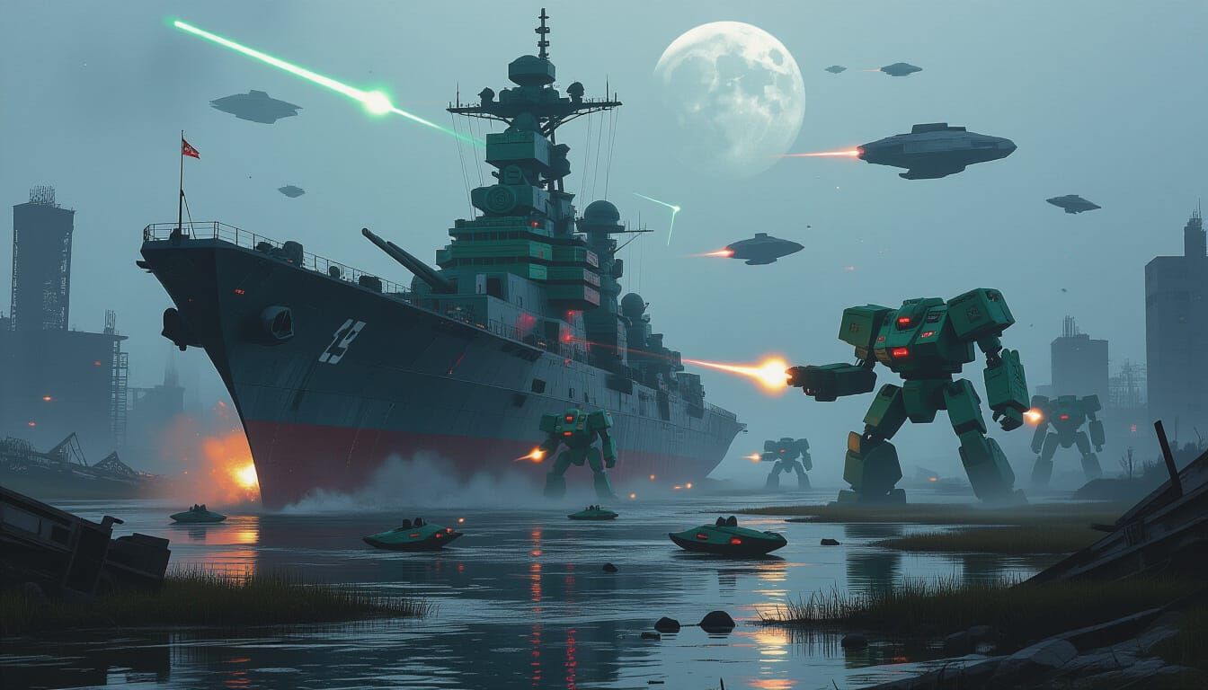 Epic Mecha Battle in Misty Urban Ruins