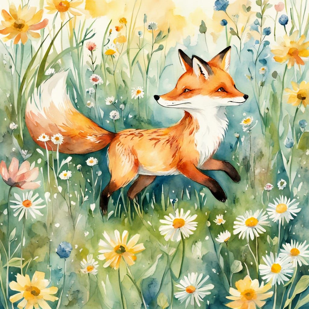 Whimsical Watercolor Fox in Floral Wonderland
