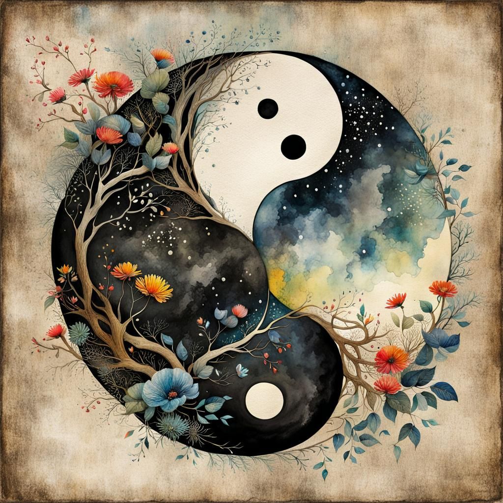 Yin-Yang in Charcoal and Watercolor, Japanese Style