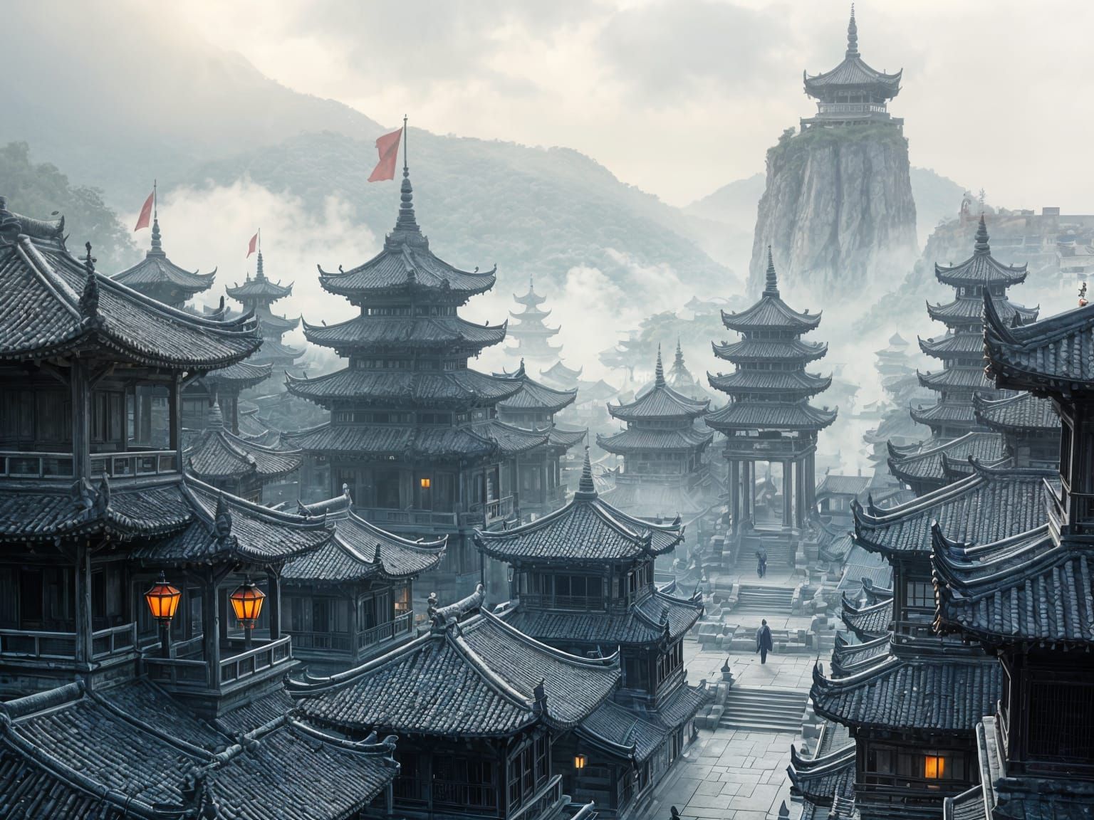Misty Ancient Asian City in Grayscale