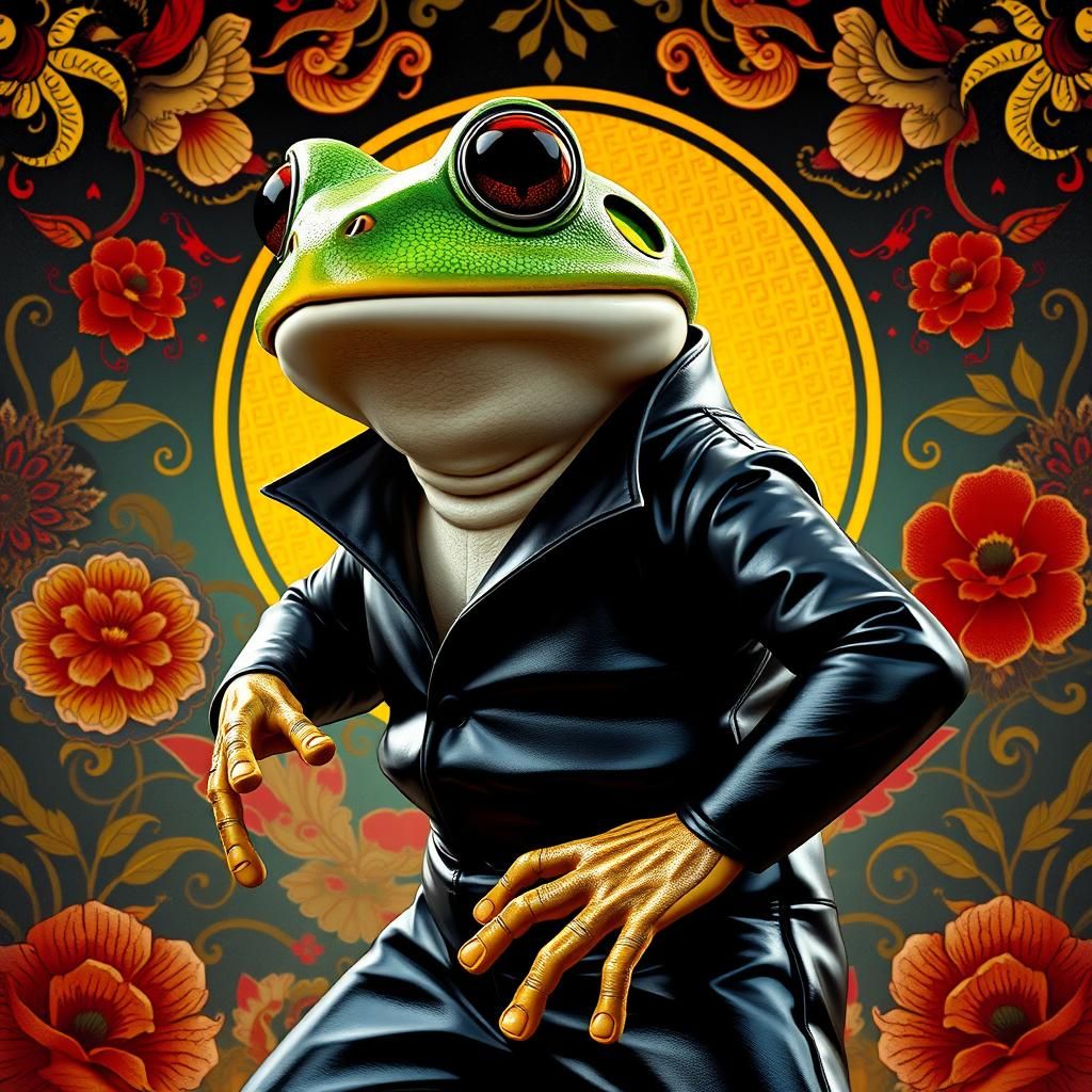 Frog in Leather Jumpsuit, Hyperrealistic Splash Art