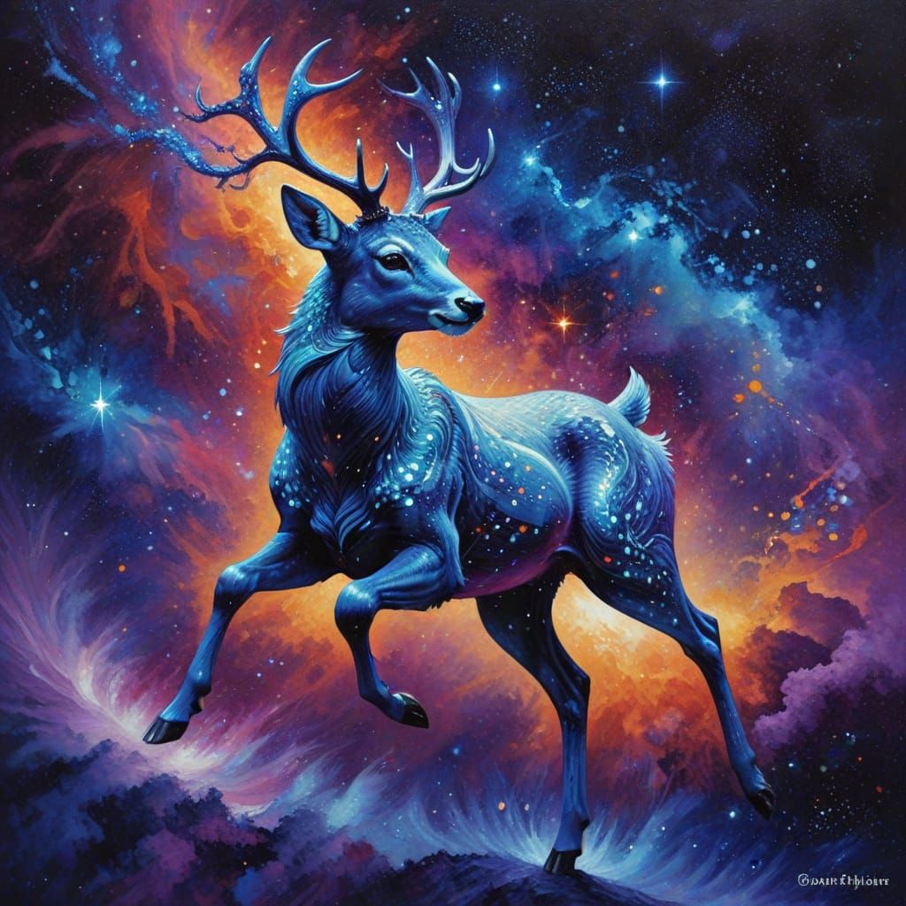 Blue Deer Leaping Through Galaxy as Impasto Painting