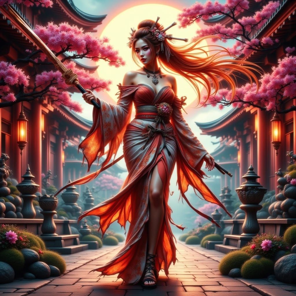 Cyberpunk Geisha Wields Sword Before Temple