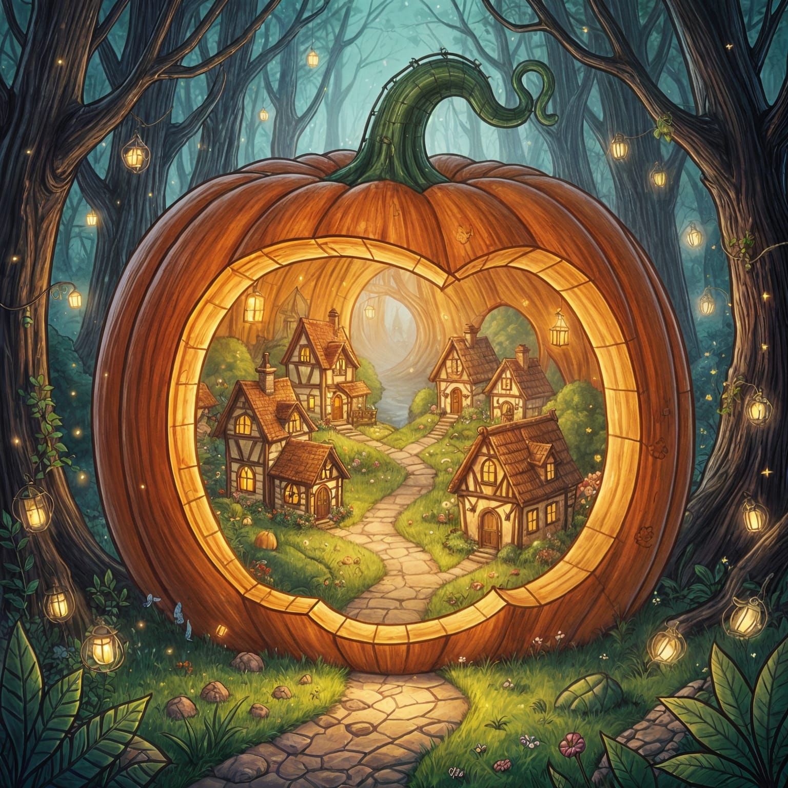 Miniature Village Inside Giant Pumpkin, Storybook Illustrati...