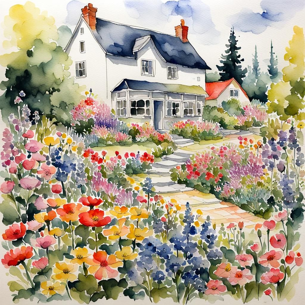 Watercolor Flower Garden with Cottage Illustration