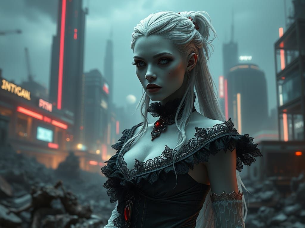 Cyberpunk Goddess: Pale Vampire Queen in Ruins