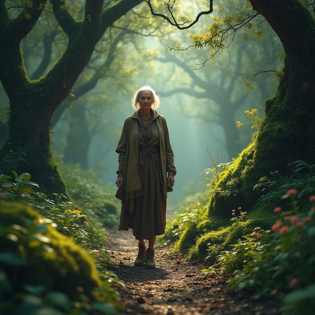 Elderly Woman in Ancient Forest: Matte Painting