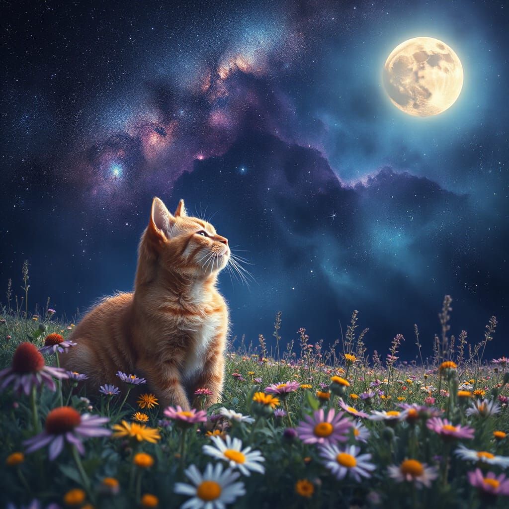 Ginger Cat Gazes at Dreamy Starry Night Sky