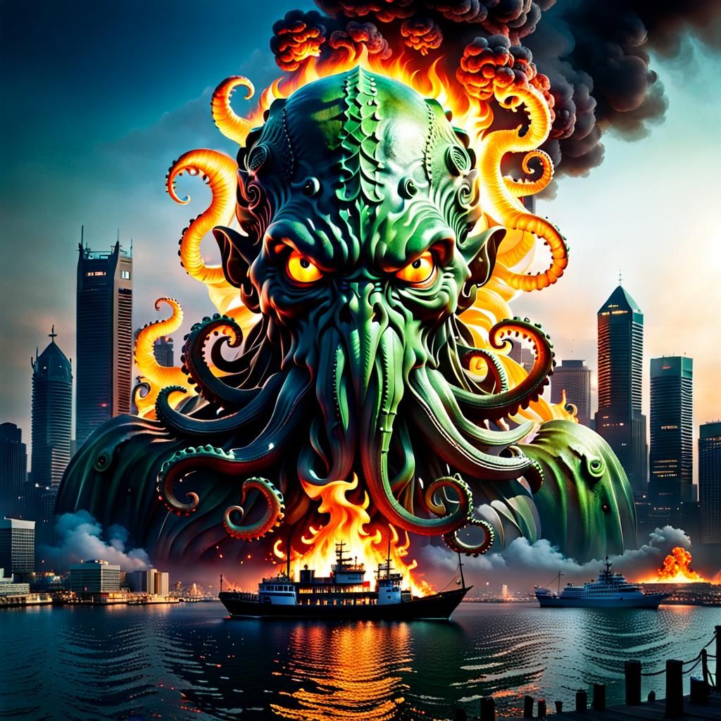 Macabre Cthulhu Silhouette Double Exposure