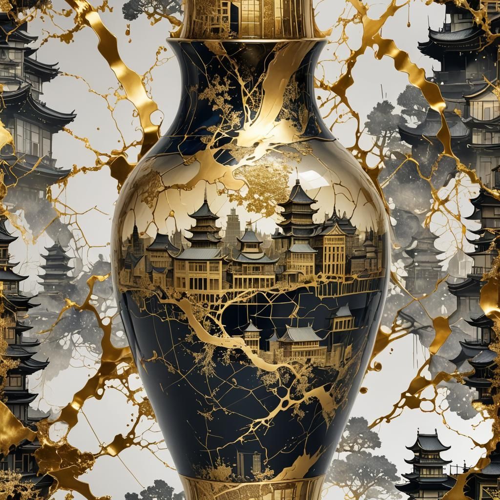 Japanese Cityscape Vase with Kintsugi Gold