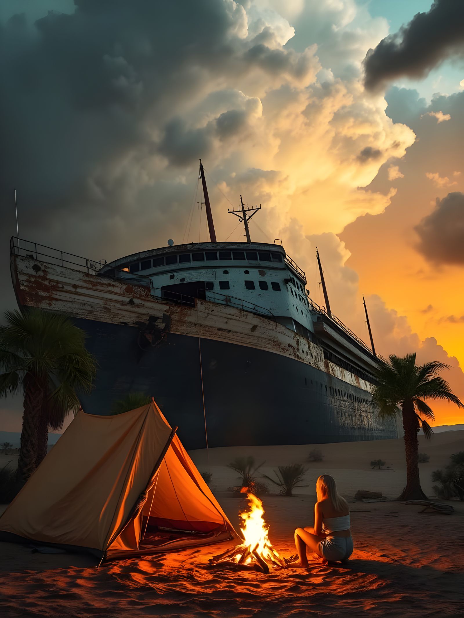 Desert Storm Sunset with Derelict Ship and Camper