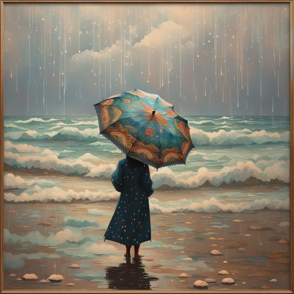 Woman with Umbrella on Rainy Cottagecore Beach