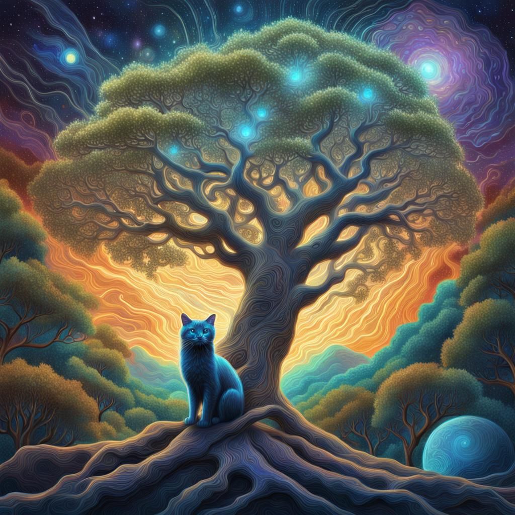 Astral Fig Tree and Forest Illustration in Mixed Media