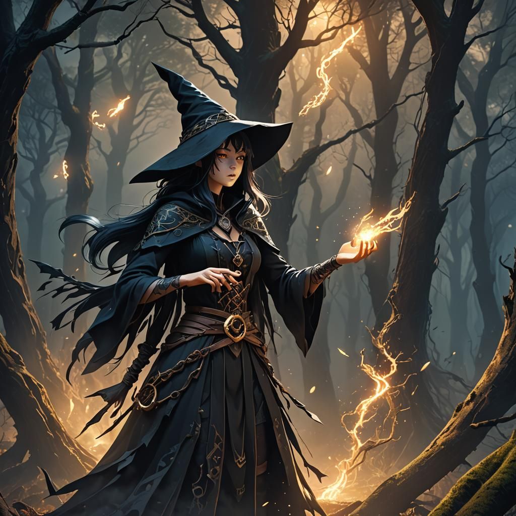 Mystical Witch Creating Black Magic in Anime Style