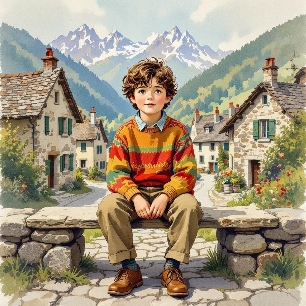 Boy in Mountain Village, Beatrix Potter Style Illustration