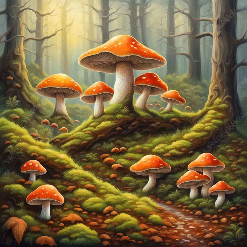 Puff Mushrooms in Rainy Autumn Forest: Airbrush Art