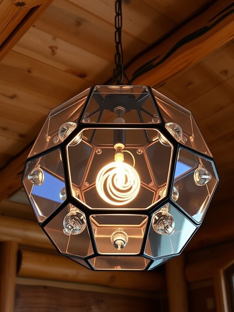 Dodecahedral Geodesic Lamp Illuminates Rustic Cabin