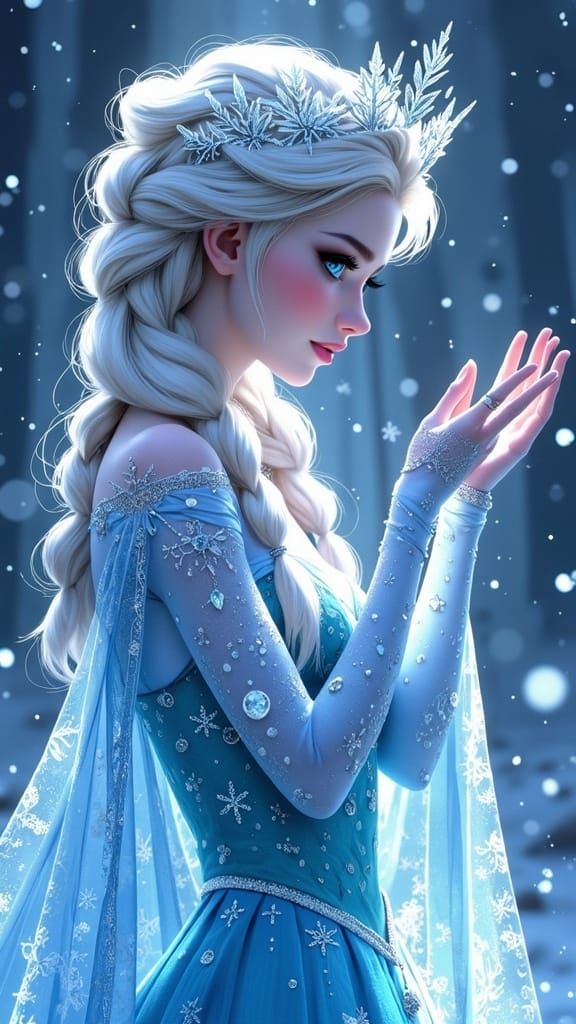 Elsa in a Dreamlike Icy Scene with Frosty Details and Snowfl...