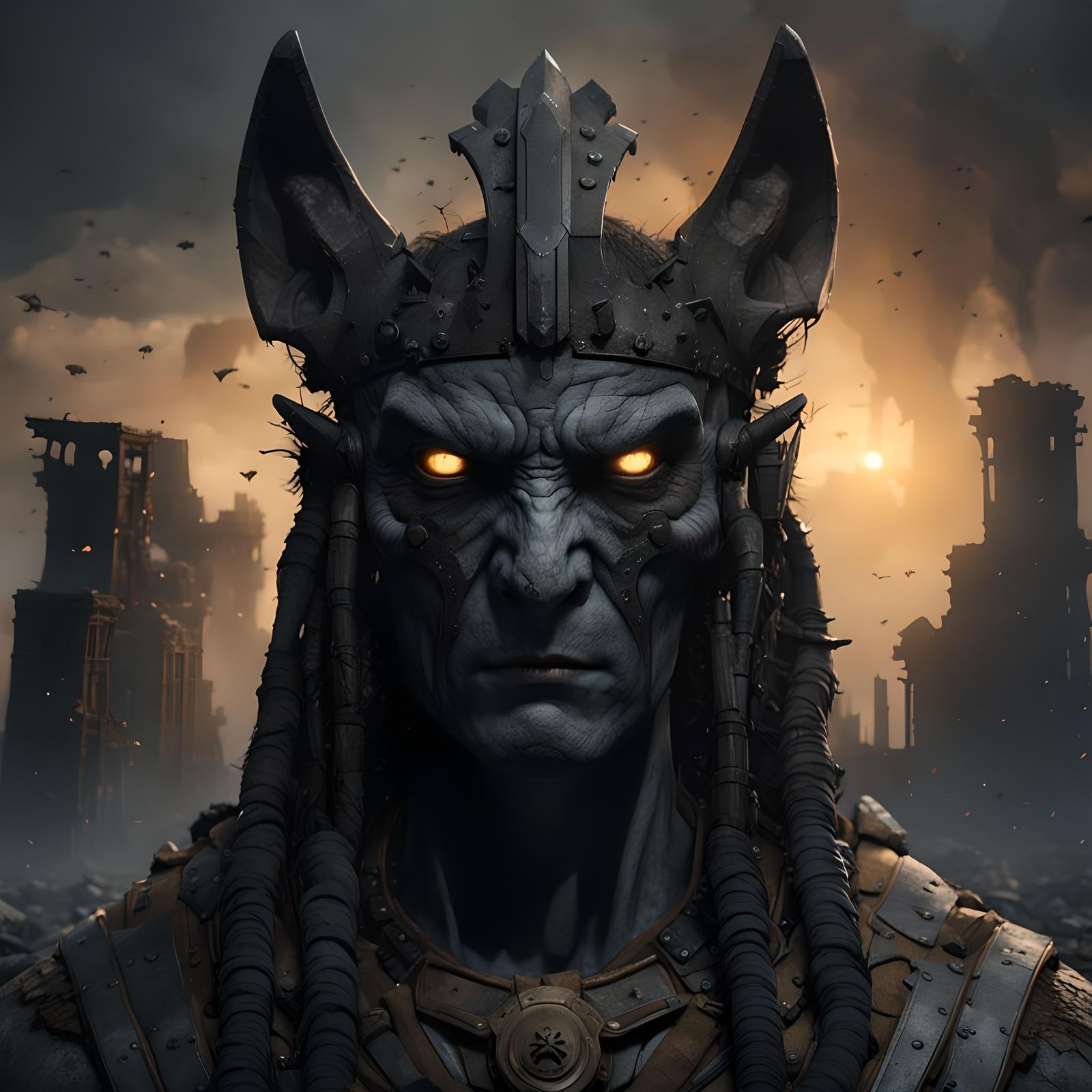 Egyptian God Anubis in Post-Apocalyptic Ruins