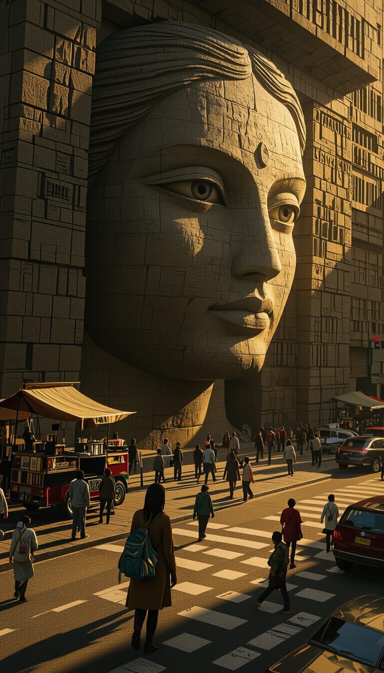 Surreal Cityscape: Woman's Face Carved into Building