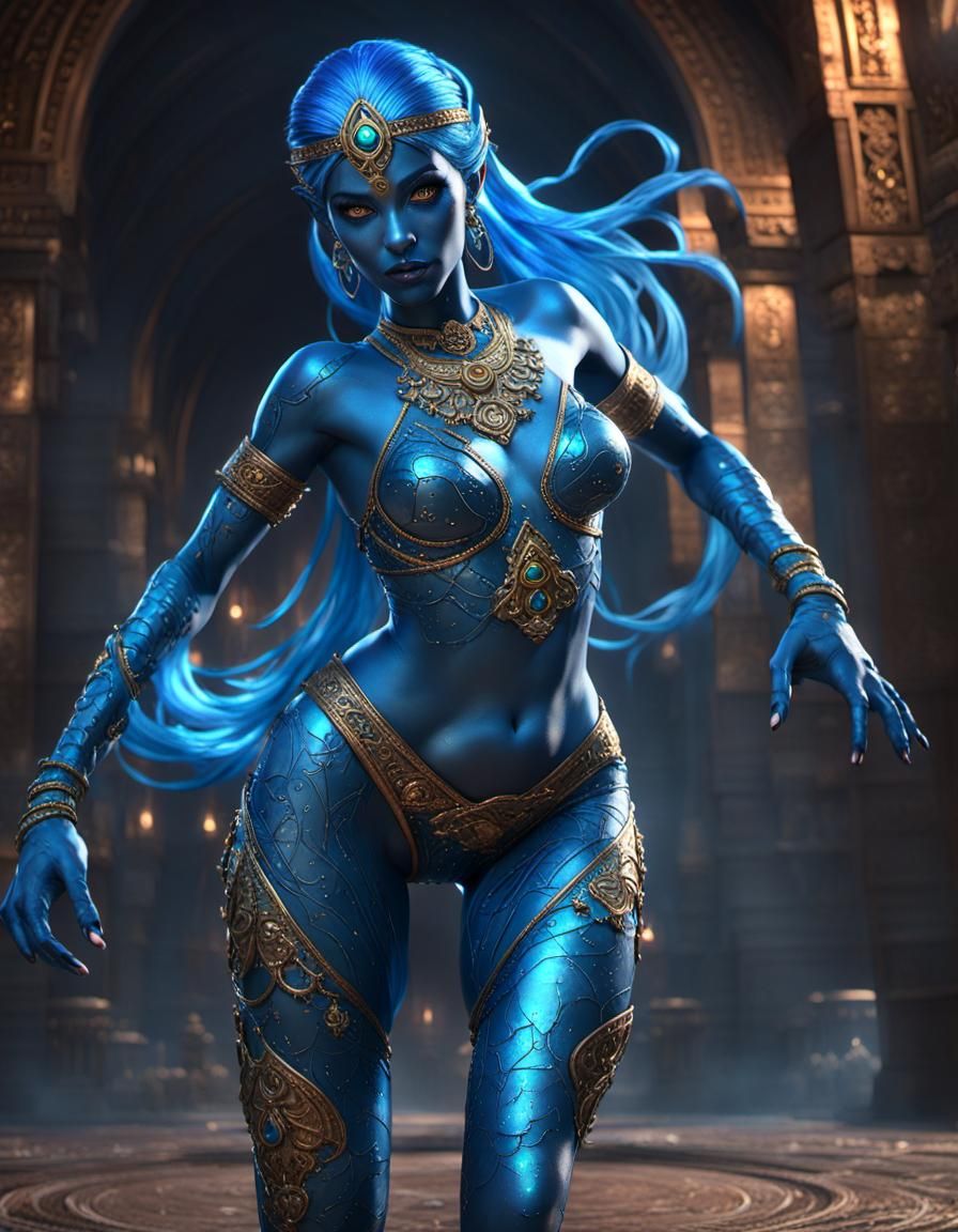 Blue-Skinned Jinn with Cosmic View, Dark Fantasy Art
