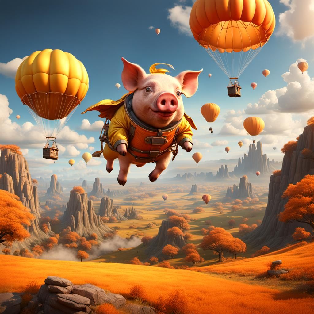 Flying Pig with Parachute in Fantasy Landscape