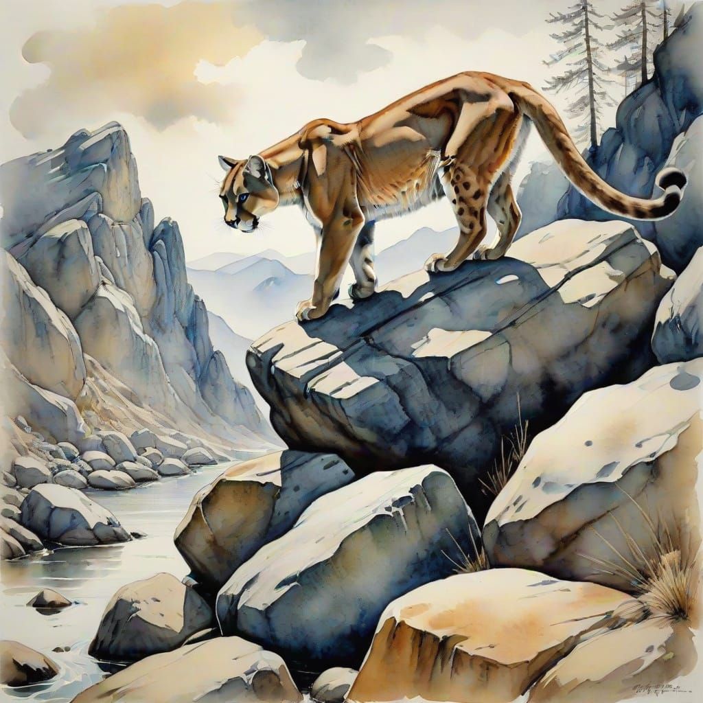 Cougar Lurking on Rock, Watercolour Art