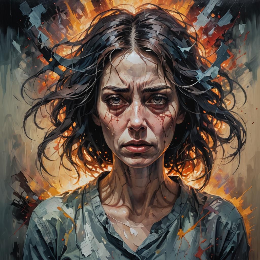 Oppressive Energy Surrounds Sad Woman in Dramatic Painting