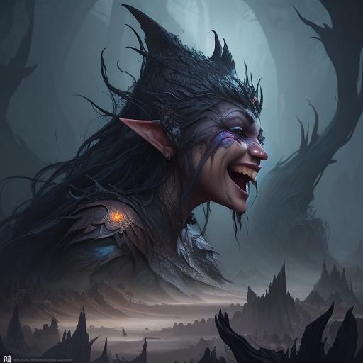 Feral Elf Woman with Laughing Face: Fantasy Art