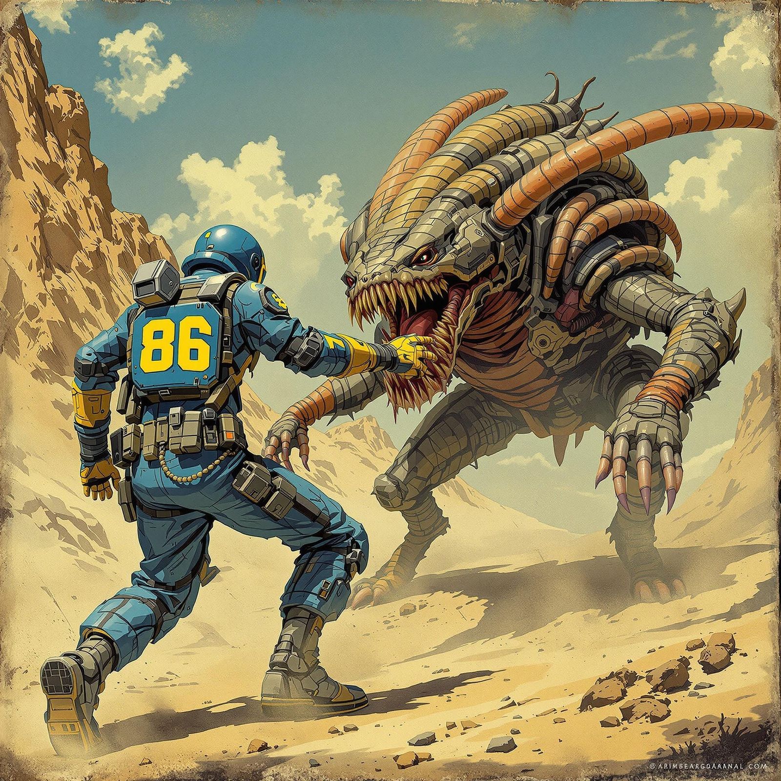 Vault Dweller vs Deathclaw in Post-Apocalyptic Desert