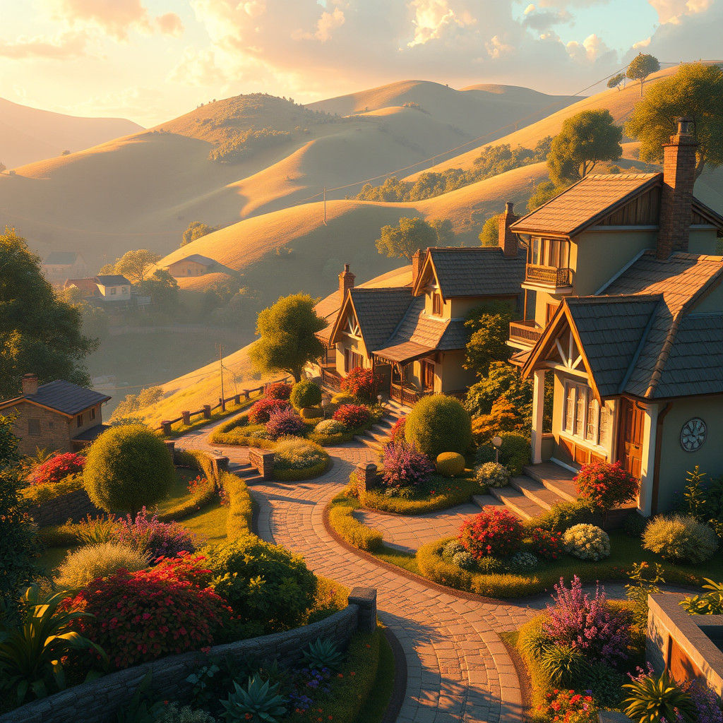Dreamlike Suburban Paradise in Golden Light
