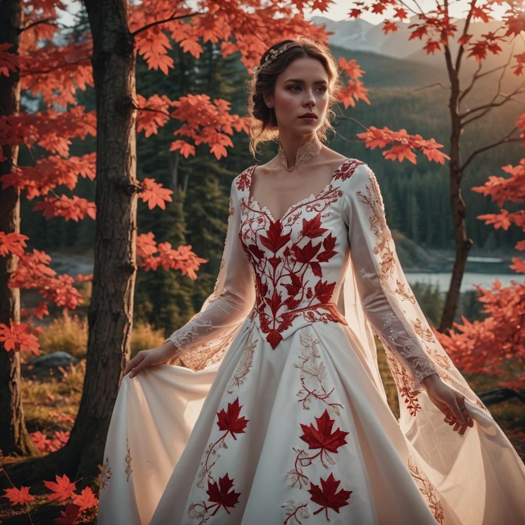 Canadian Model in Royal Gown with Maple Leaf Embroidery