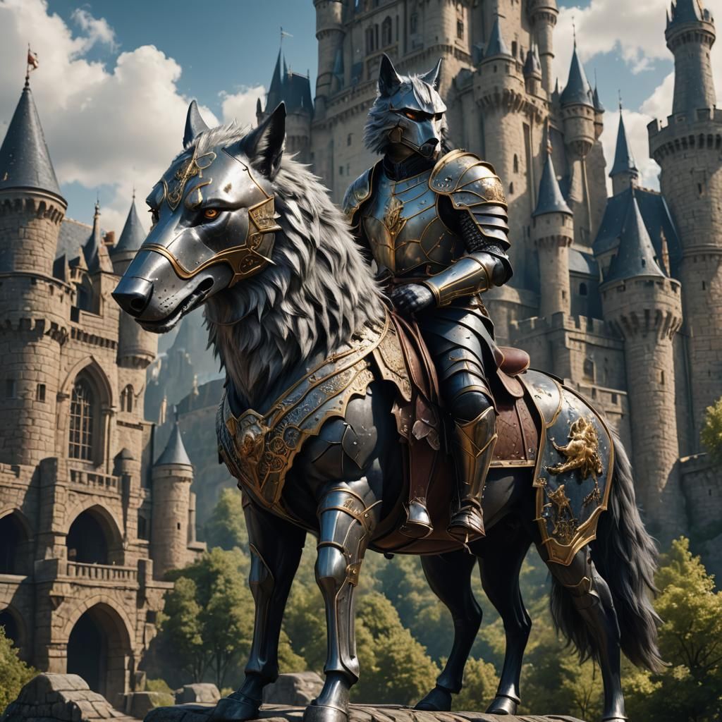 Gallantly sitting on the back of a horse, a sophisticated wolf dressed in a suit of armor, a castle in the background