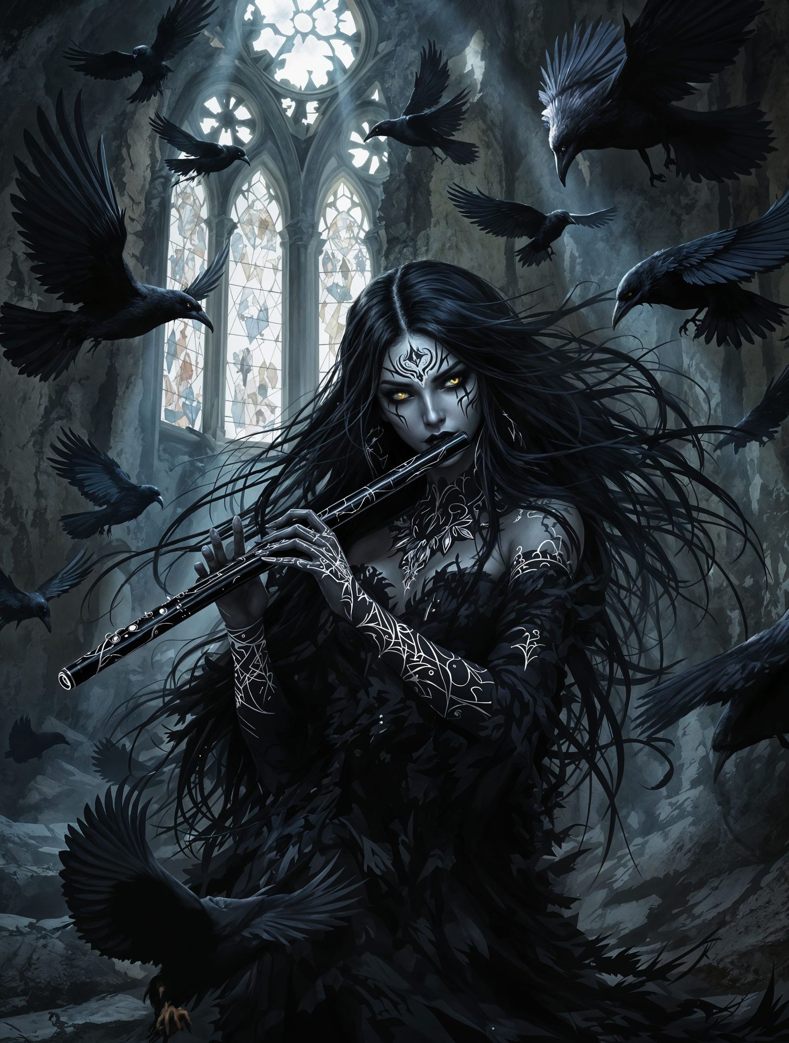 Gothic Goddess Plays Obsidian Flute Amidst Swirling Ravens i...