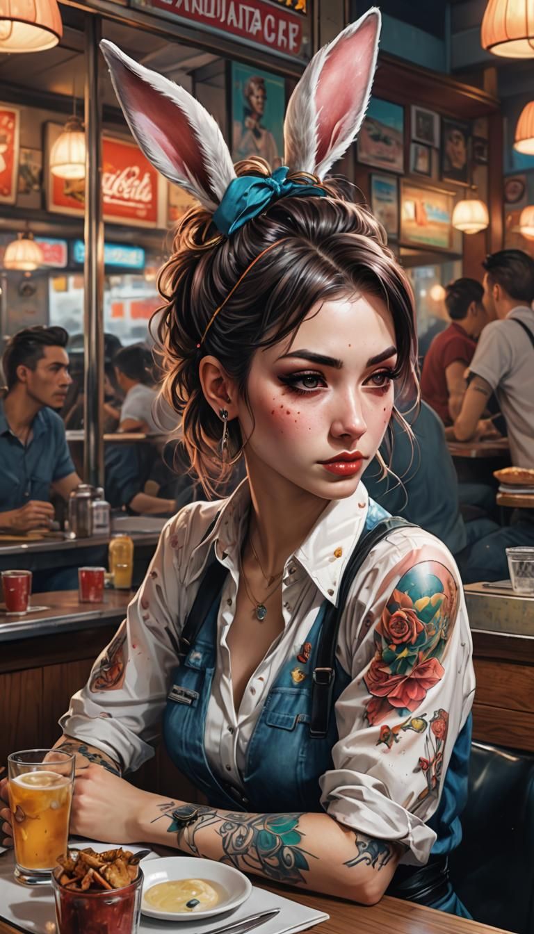 Rockabilly Girl in Diner Booth: Anime Style Art