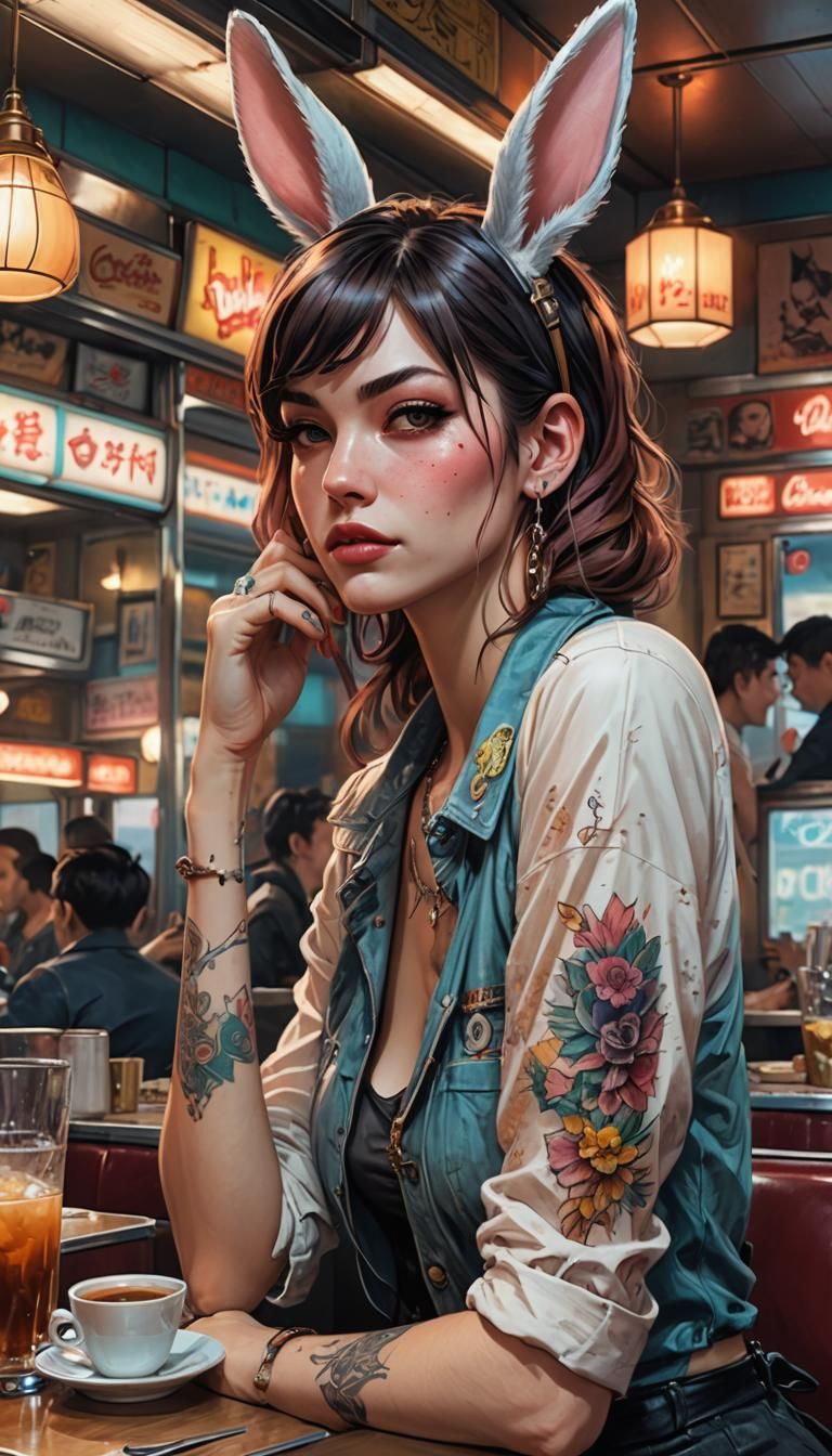 Rockabilly Girl in Anime Style Diner