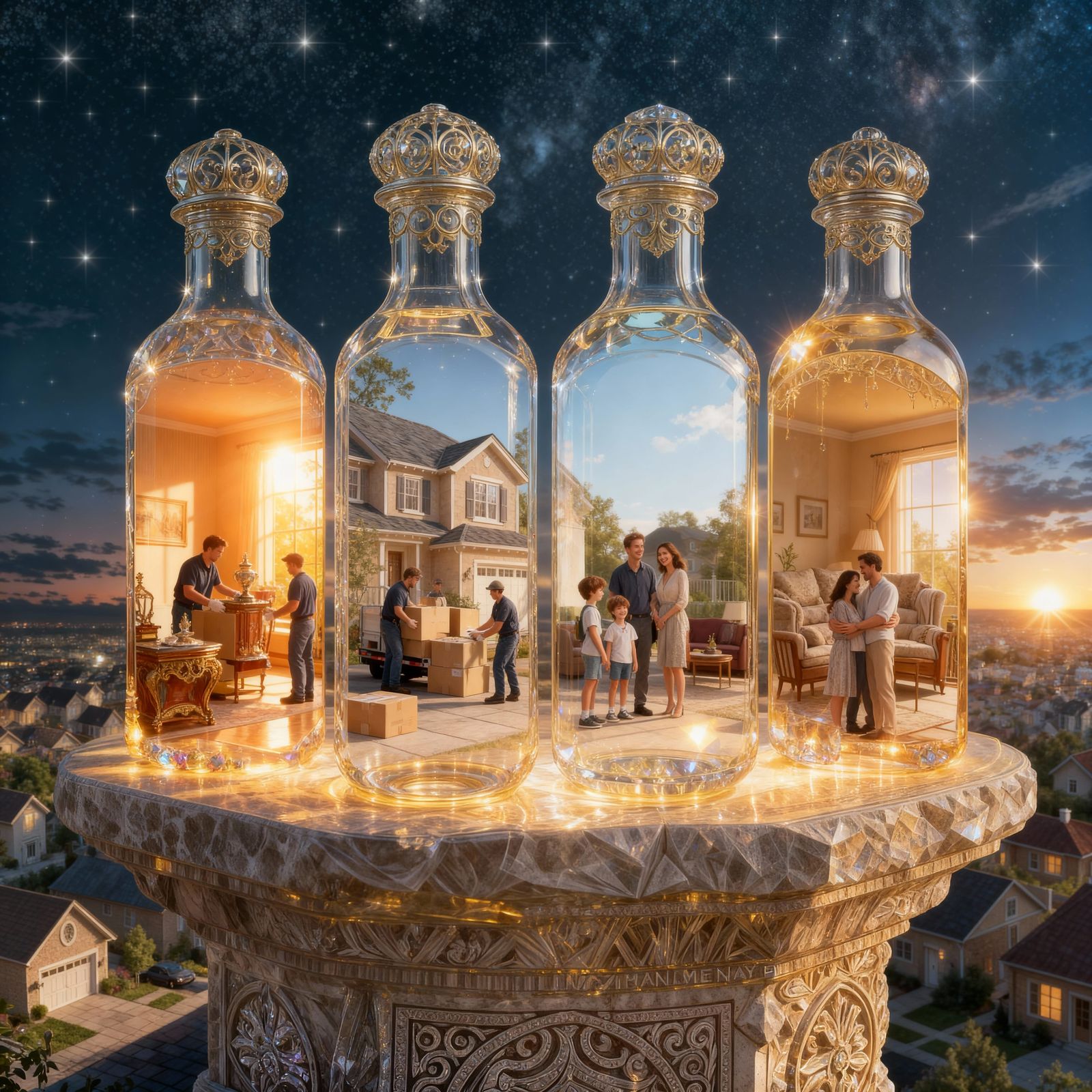 Crystal Bottles Holding Moving Day Worlds in Golden Twilight
