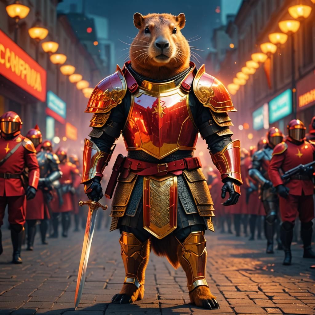 Communism Capybara Knight in Double Exposure Portrait