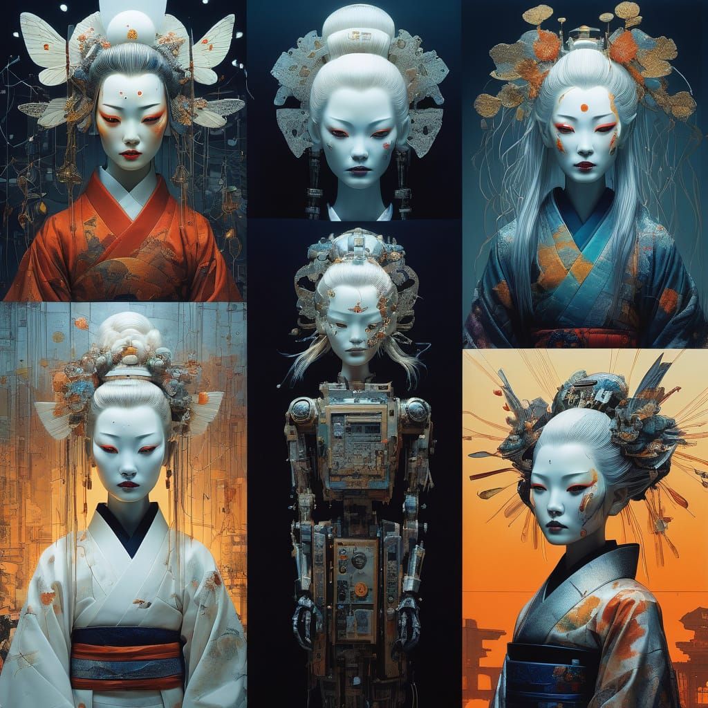 Cyberpunk Geisha Android in Vibrant Silver Sunset